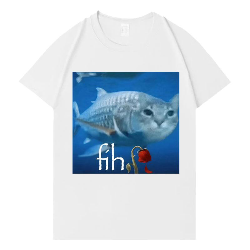 Lustiges Fisch- und Katzenmuster T-Shirt Damen Rundhals trendiges T-Shirt lässig und ästhetisch ansprechende Streetwear Persönlichkeit
