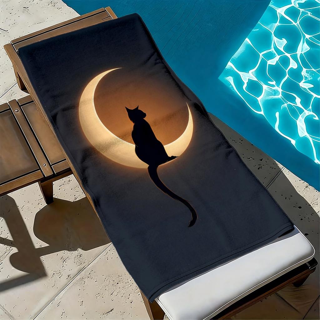 Mysterious Black Cat Star and Moon Pattern Polyester Microfiber Beach Towel Is Highly Absorbent, Suitable Swimming Beach Outings