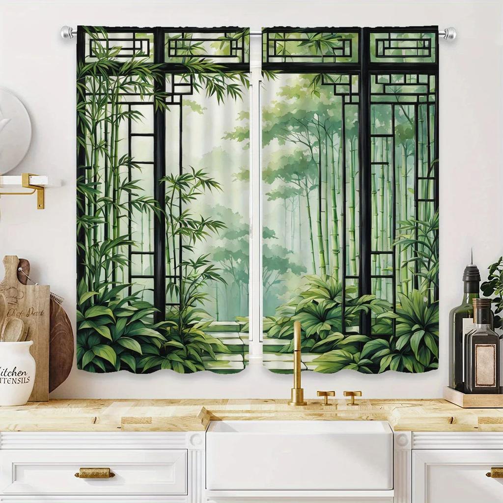 Set Of 2 Vikama Green Polyester Printed Curtains Living Room Bedroom Home Decoration Curtain Light Blocking With Rod Pocket Ideal For Great
