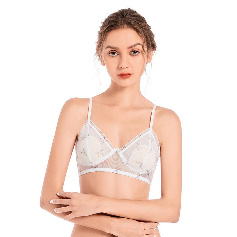 Mesh Trendy Floral Ear-free Underwear Thin Section Steel Ring-free Spaghetti Straps Double-breasted Bra Triangle Cup