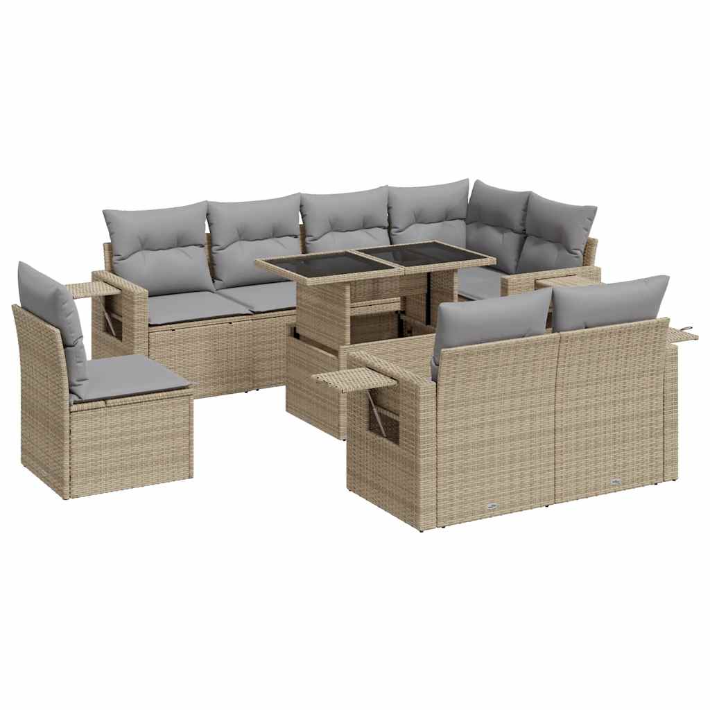 9 Piece Beige Garden Sofa Set with Cushions Poly Rattan