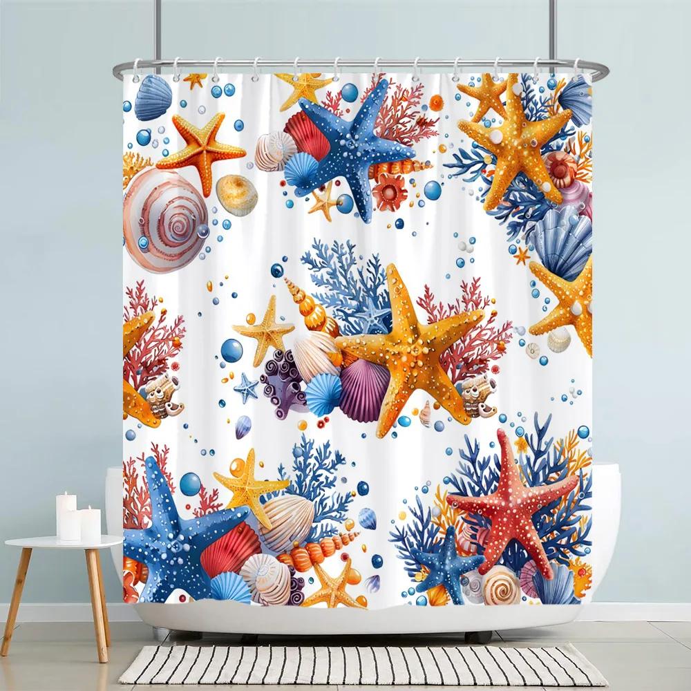 Ocean Starfish Shower Curtain Underwater Seahorse Coral Sea Turtle Shell Nautical Theme polyester Shower Curtains Bathroom Decor