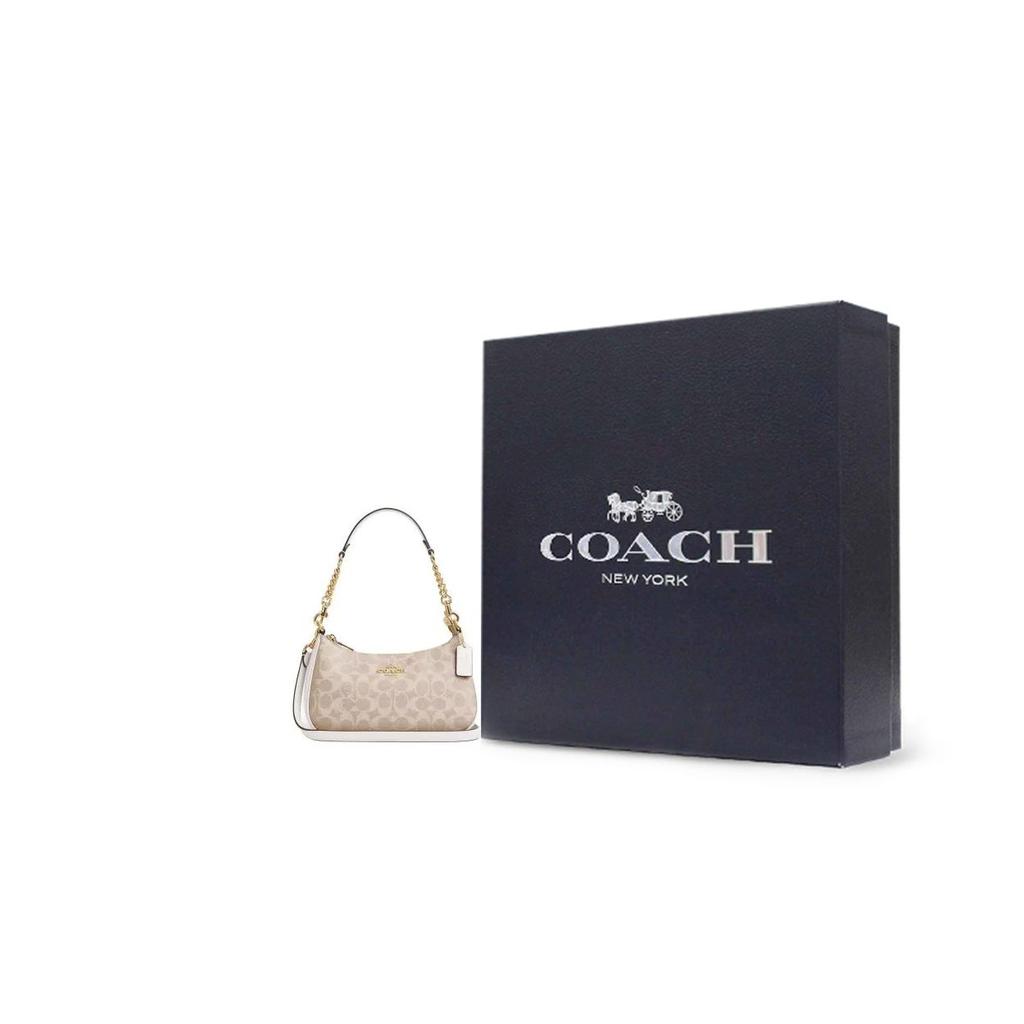 Coach Teri 24 Monograma Clásico Logo Cierre de Cremallera Lona Recubierta Bolso de Mano Cruzado al Hombro Mediano Bolsos de Mujer Arena Blanco Tiza CV933-IMXDM