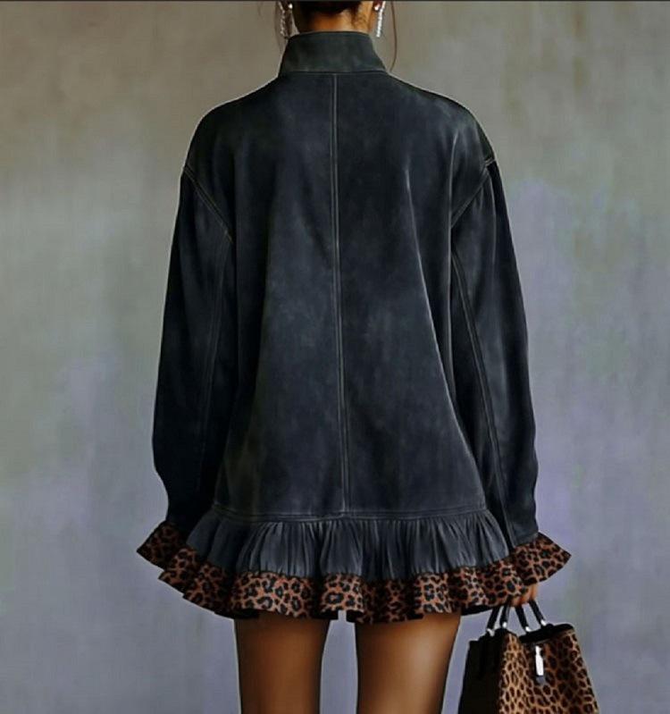 Elegant Leopard Print High-Neck Ruffled Dress - Loose, Slimming, Stylish Autumn & Winter Long-Sleeve Skirt M темно-серого