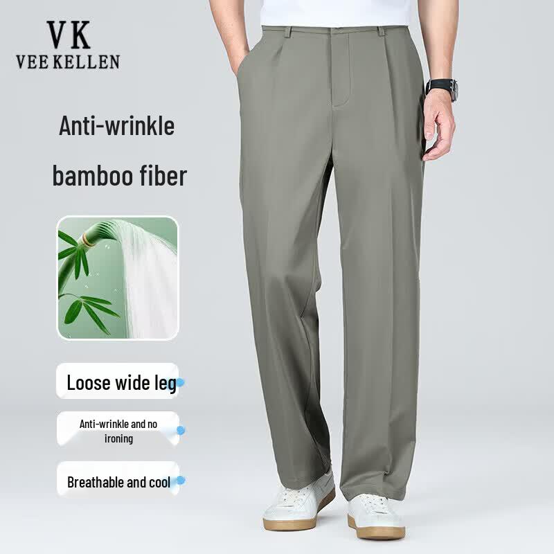 VEE KELLEN Men's Summer Bamboo Blend Straight-Leg Business Casual Trousers