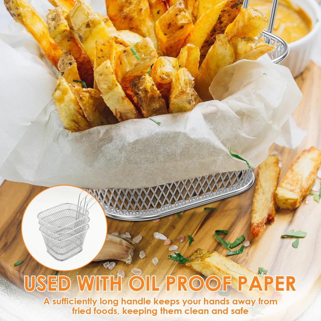 8 Pezzi Mini Cestello per Friggere a Fondo Profondo con Manico Lungo Filtro per Patatine Fritte Impilabile Espositore per Patatine Fritte Utensili da Cucina