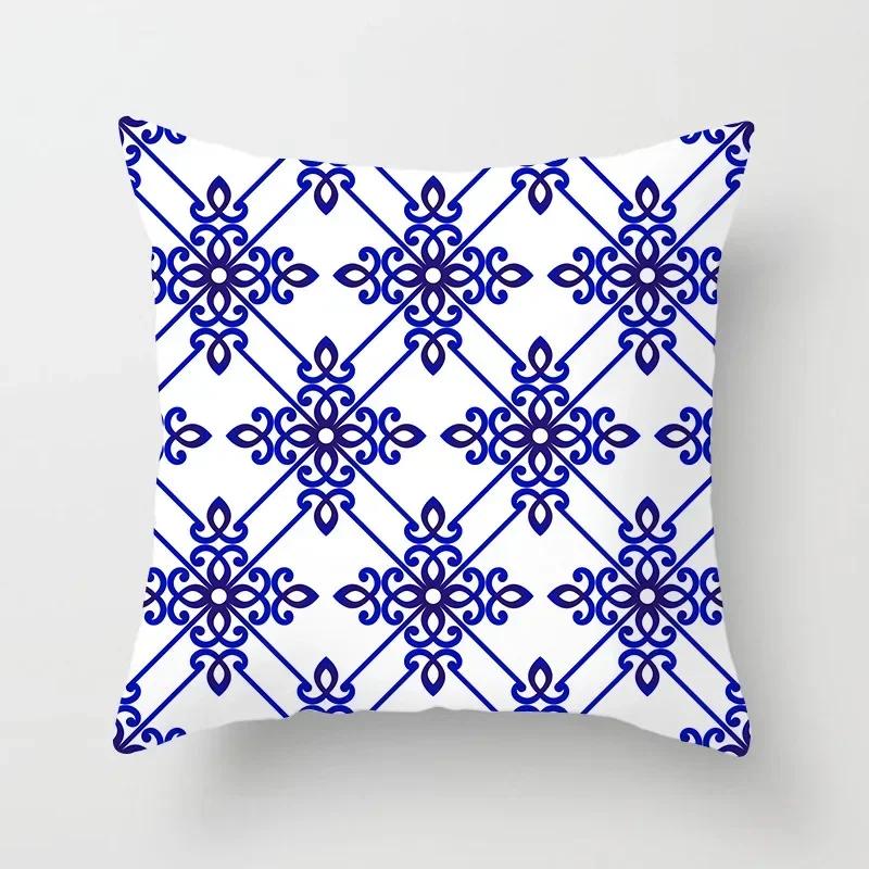 Blau Weiß Porzellan Druck Kissenbezug Böhmischer Stil Mandala Geometrie Kissenbezug Modern Mode Sofa Stühle Dekokissen
