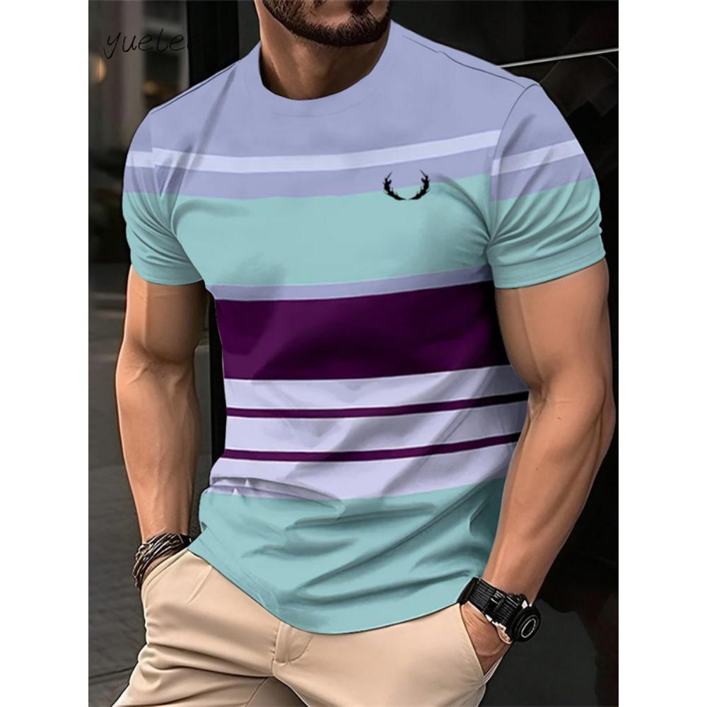 Fashion Striped Printed Men's T-Shirt Summer Breathable Men's Clothing Casual Loose Men Tops Versatile O-Neck Men Short Sleeved