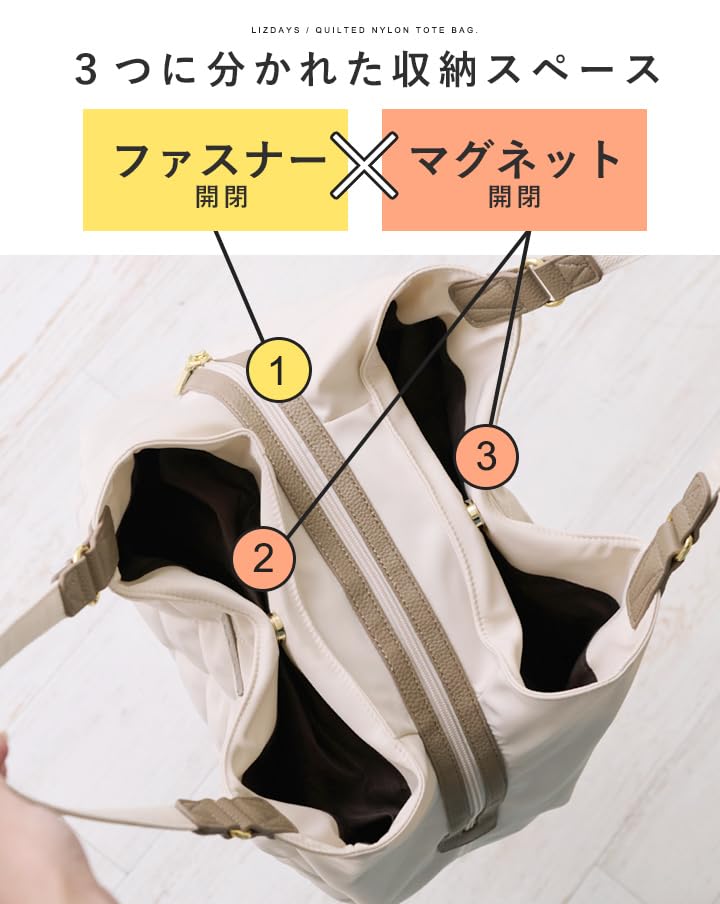 Lizdays Quilted Nylon Tote B5 Diaper Commuter Bag Women's Bag, Lightweight, Size, Bag, (Gray Beige/Black)