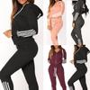 Mote Kvinner Casual Stripe Glidelås Langermet Pullove Sport Topper + Lange bukser Sett