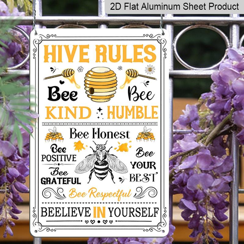 2D Flat Hive Rules Bee Kind Humble Vintage Bee Hive Metal Sign - 8.0x12.0inch Aluminum Wall Art, Farmhouse Bee Themed Home Kitchen Decor, Pre-Drilled