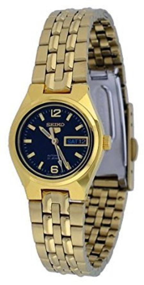 

Seiko 5 Золотистый Нержавеющая сталь Корпус и Браслет Черный Циферблат День и Дата Часы, Сделано в Японии, Автоматический завод, SYMK38K1
