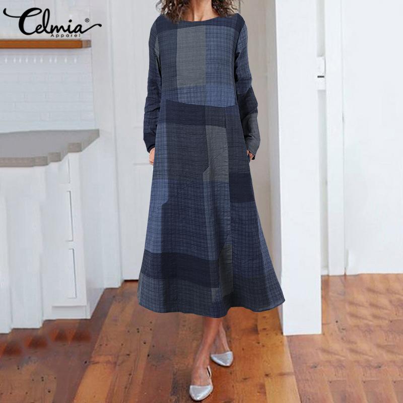 

Celmia Весенние женские клетчатые повседневные свободные длинные платья