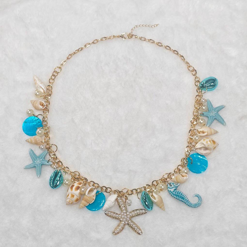 New Trendy European and American Accessories Beach Chain Conch Starfish Shell Necklaces Sweater Chain Collar Chain синий