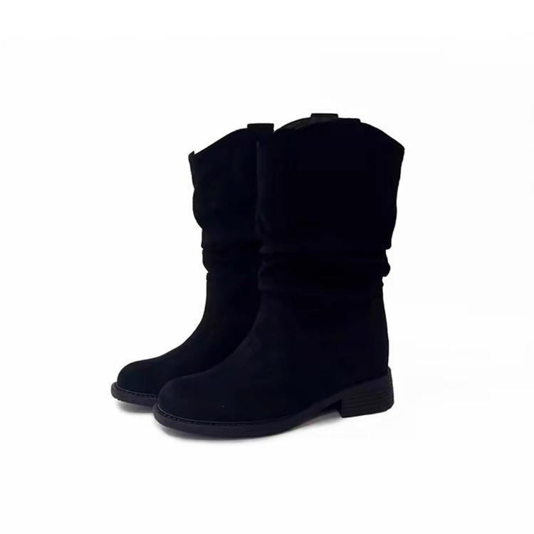 Sheepskin version~ Sun Qian's same pleated stacking boots 2025 new thick-heeled Maillard mid-tube western boots, thin boots