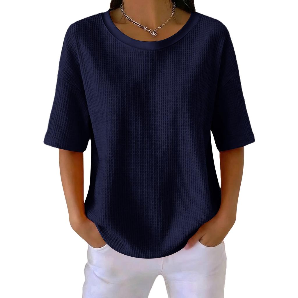 Women's New Summer Color Knit Round Neck Short Sleeve Top