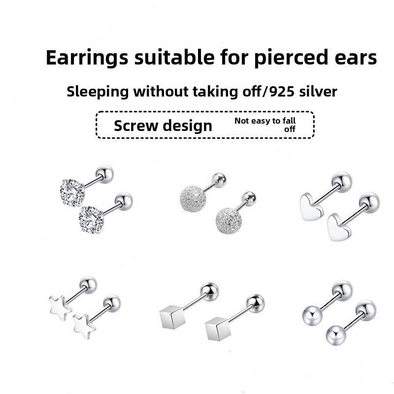 Earlobe Stud Earrings with Silver Pins, Mini Ear Bone Studs, Sleep-friendly, No Need To Remove, Double-headed Threaded Earrings