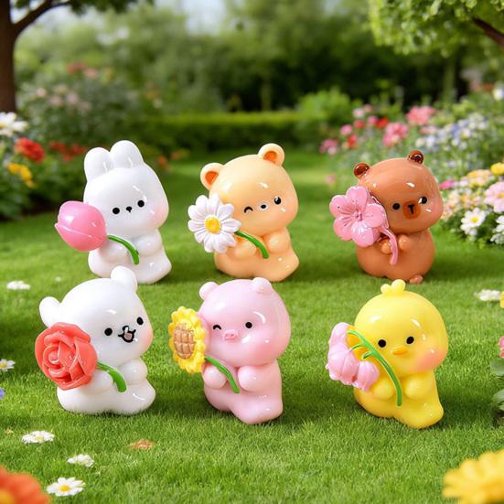 Cute Animal Miniature Figurine Mini Resin Bear Bunny Duck Holding Flower Statue for DIY Moss Landscape Fairy Garden Home Cake Decor