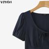 VONDA Summer Women Lace-up V Neck Puff Sleeve Ruffled Casual Blouse