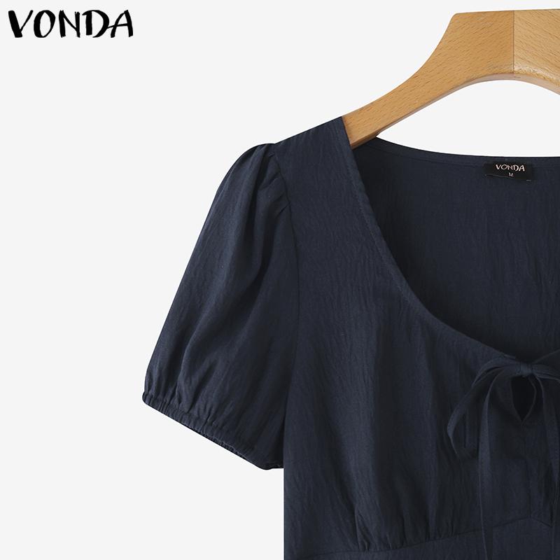 VONDA Summer Women Lace-up V Neck Puff Sleeve Ruffled Casual Blouse