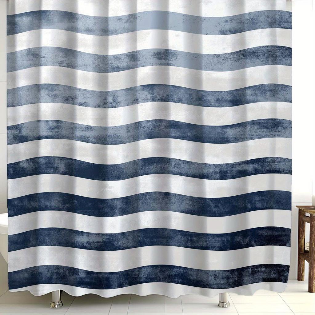 1pc Vintage Blue & White Striped Art Print Shower Curtain, Creative Personality Texture,Includes 12 Hooks,Elegant Bathroom Decor