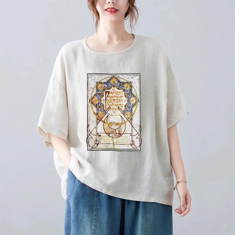 T-shirt Women Versatile Cotton Summer Casual Large Size Loose Round Neck Pullover Short-sleeved Tops
