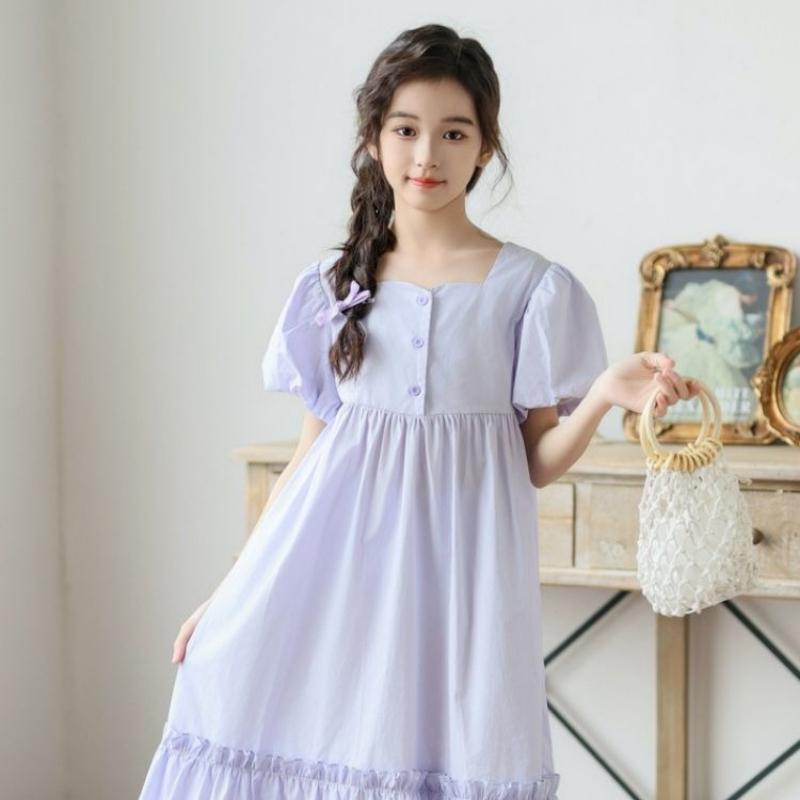 Girls' Fashion Light Purple Dress Summer Children's Elegant Puff Sleeve Cotton Dress