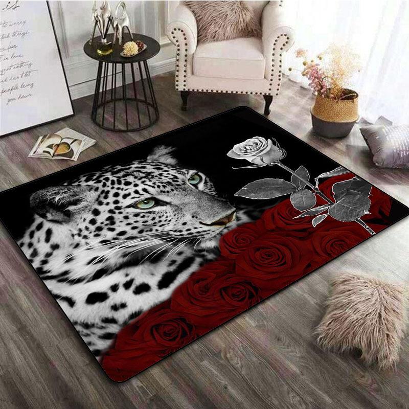 

White Leopard and Roses Area Rug - Floral Animal Pattern Non-Slip Floor Mat for Living Room , Bedroom 40x60cm