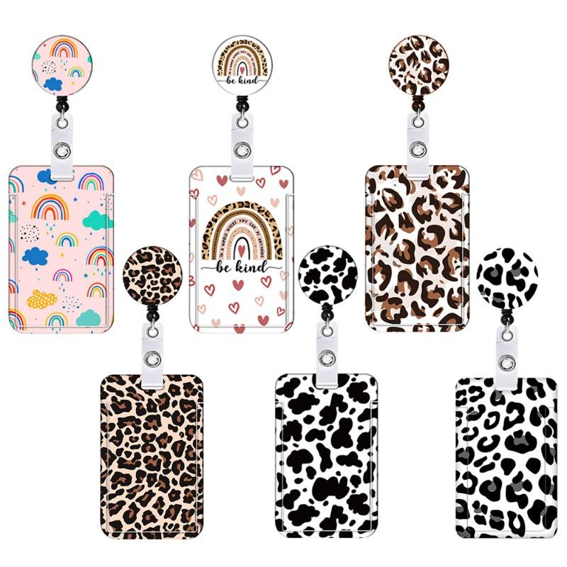 Leopard Print Retractable Badge Reel Holder with Card Holder Neck Strap Lanyard Stylish ID Name Worker Card Keychain for Women