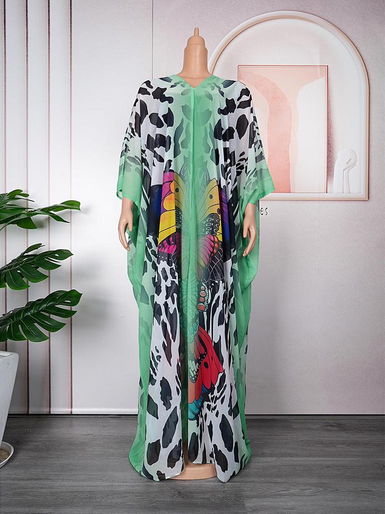 African Women's Plus Size Chiffon Print Beach Dress and Robe Set