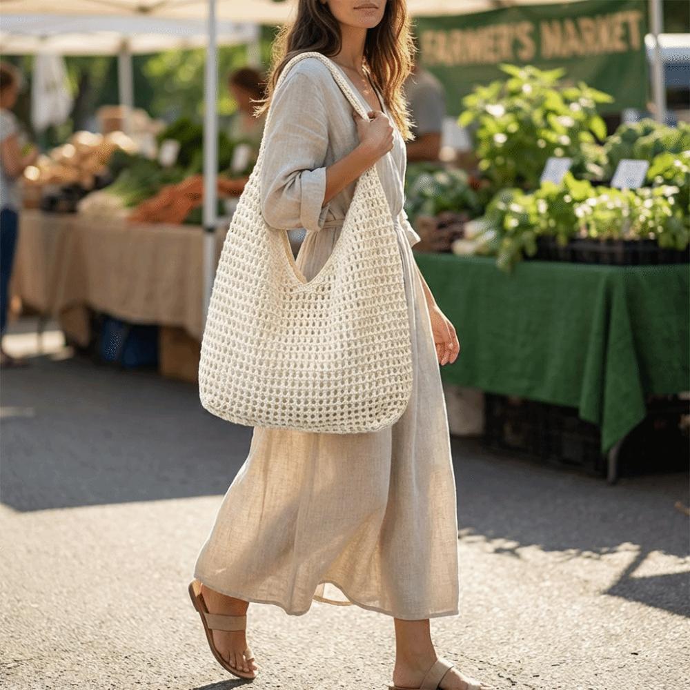 Large Capacity Knitted Shoulder Bag Solid Color Woven Handbag Durable Crochet Mesh Tote Bag Summer