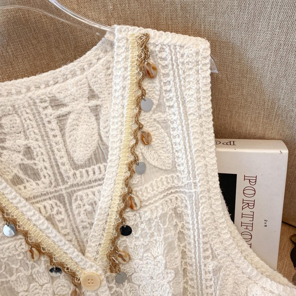 DIMANAF 2025 New Short Vest T-Shirt Women Sleeveless Round Buttons Knitting Lace Vest O-Neck Summer Style Basic Tops Tees Loose Clothing