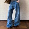 American retro Paris buckle bamboo pattern jeans boys new ins washed loose straight scimitar pants