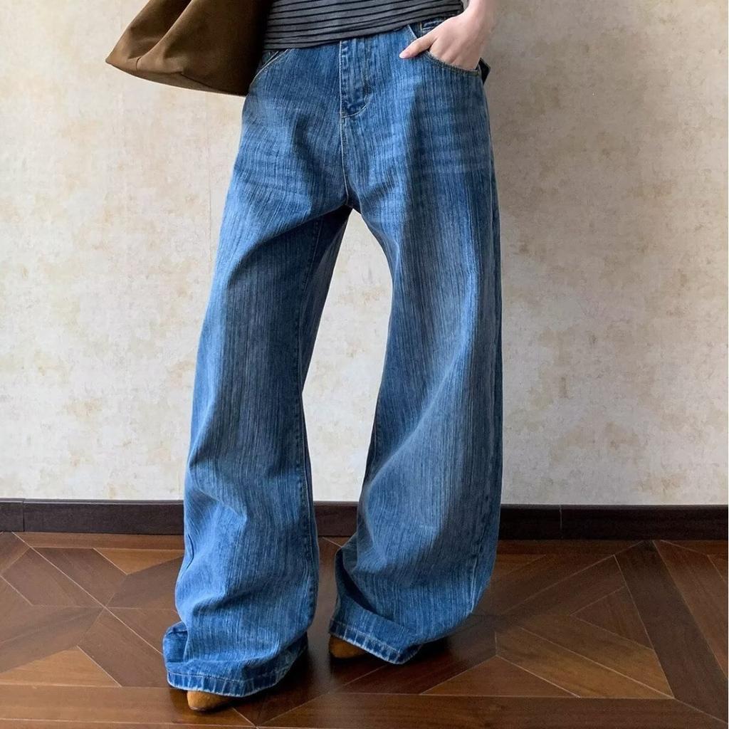 American retro Paris buckle bamboo pattern jeans boys new ins washed loose straight scimitar pants
