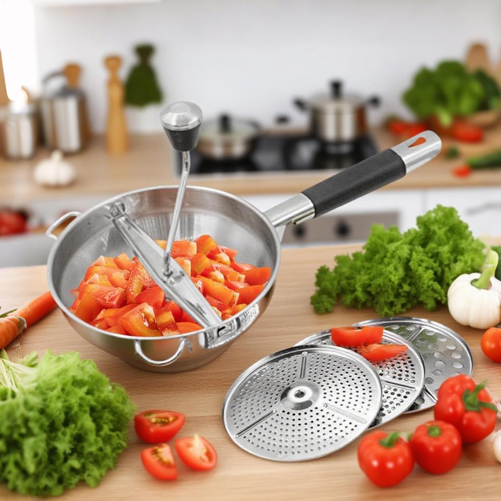 Manual Potato Masher Food Grade Stainless Steel Potato Masher Multifunctional Masher with 3 Replaceable Grinding Discs forTomato