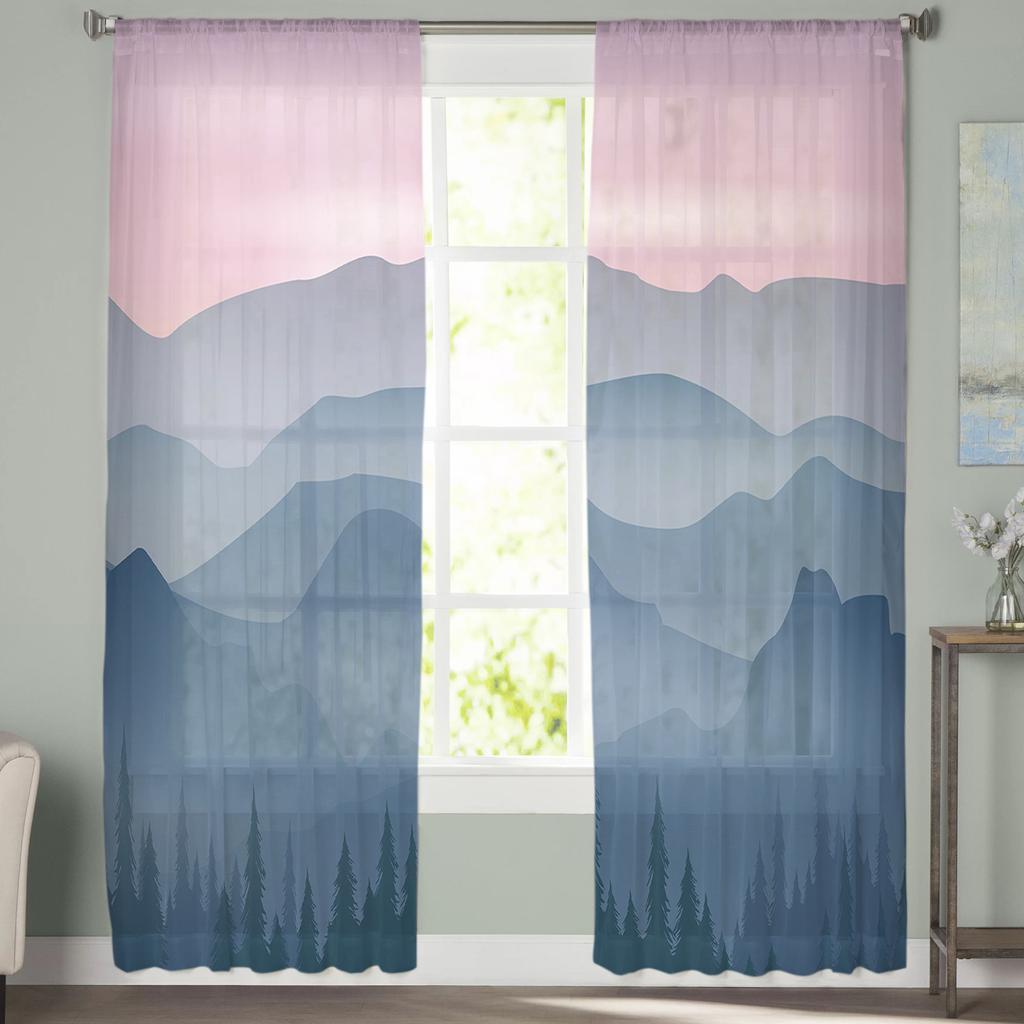 Mountain Silhouette Tulle Curtains For Living Room Bedroom Voile Sheer Curtain Window Home Decor Drapes