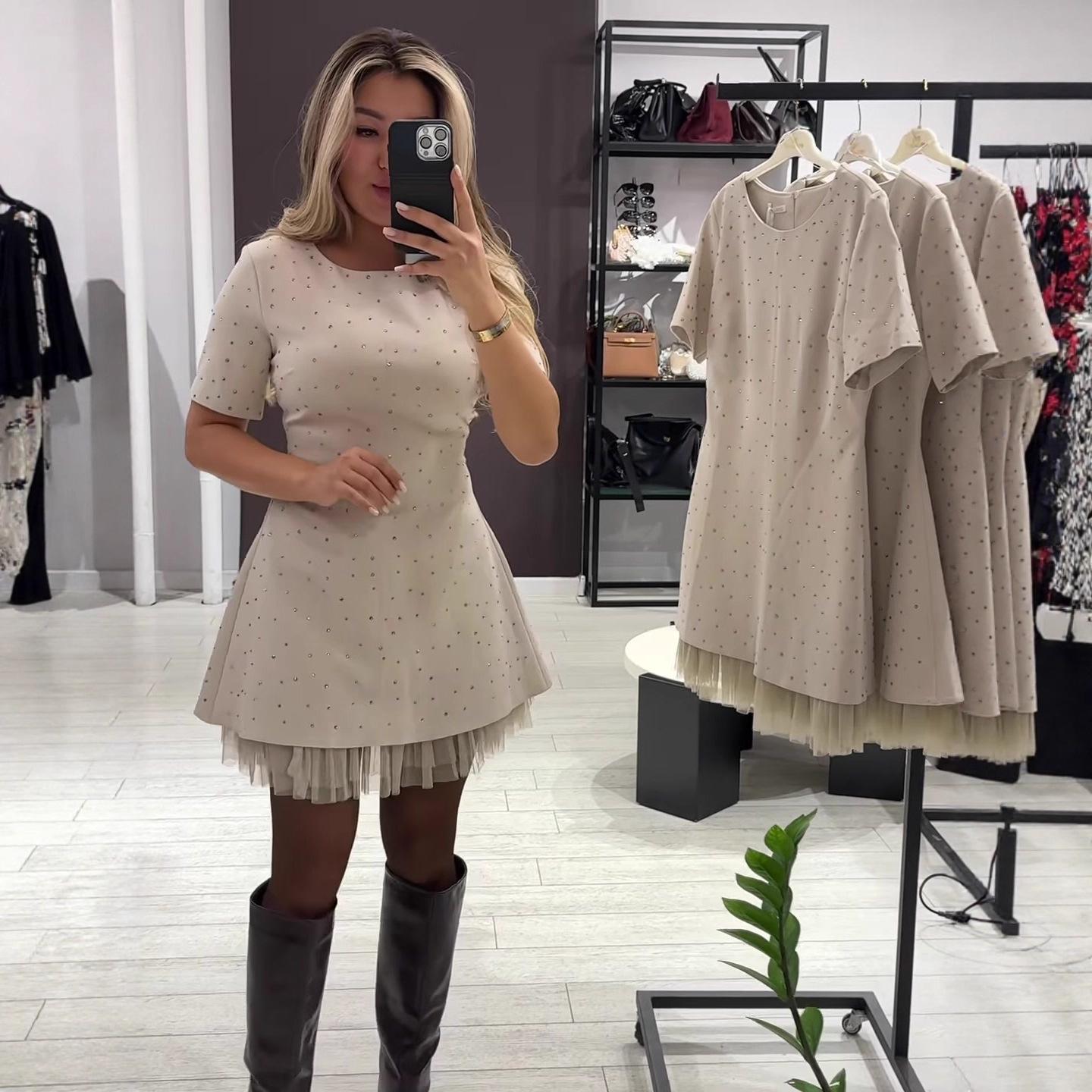 Women s Rhinestone Hotfix Lace-Trimmed Dress - New 2026 Round Neck Short Sleeve Design Double Extra Large грязно-белый