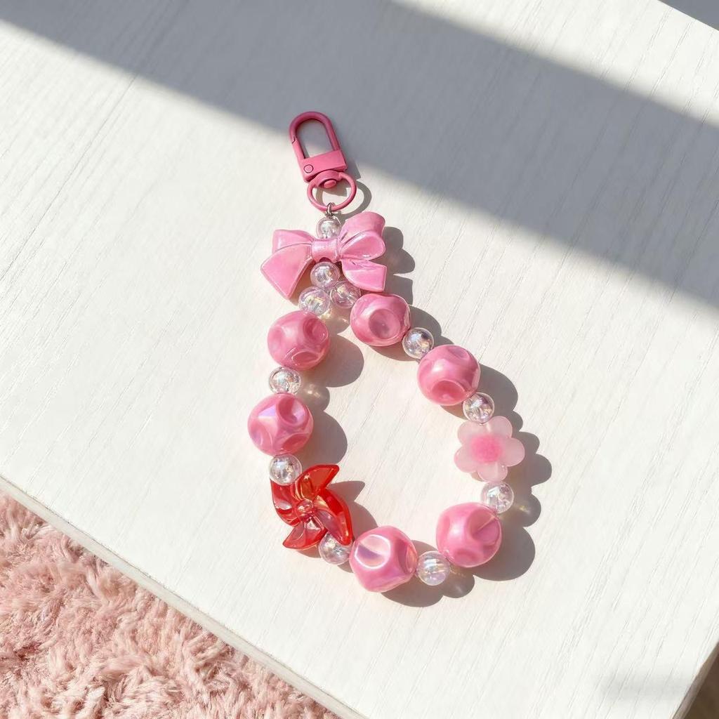 Dopamin Girly Blume Schleife Perlen Handykette & Lippenstift Halter Schlüsselanhänger