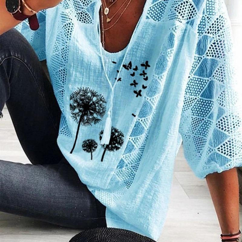 

Летняя свободная лоскутная рубашка с принтом плюс размер, женская рубашка с U-образным вырезом и половиной рукавом, ажурная кружевная блузка, женская элегантная мода, винтажные женские рубашки, топы 24550 XL