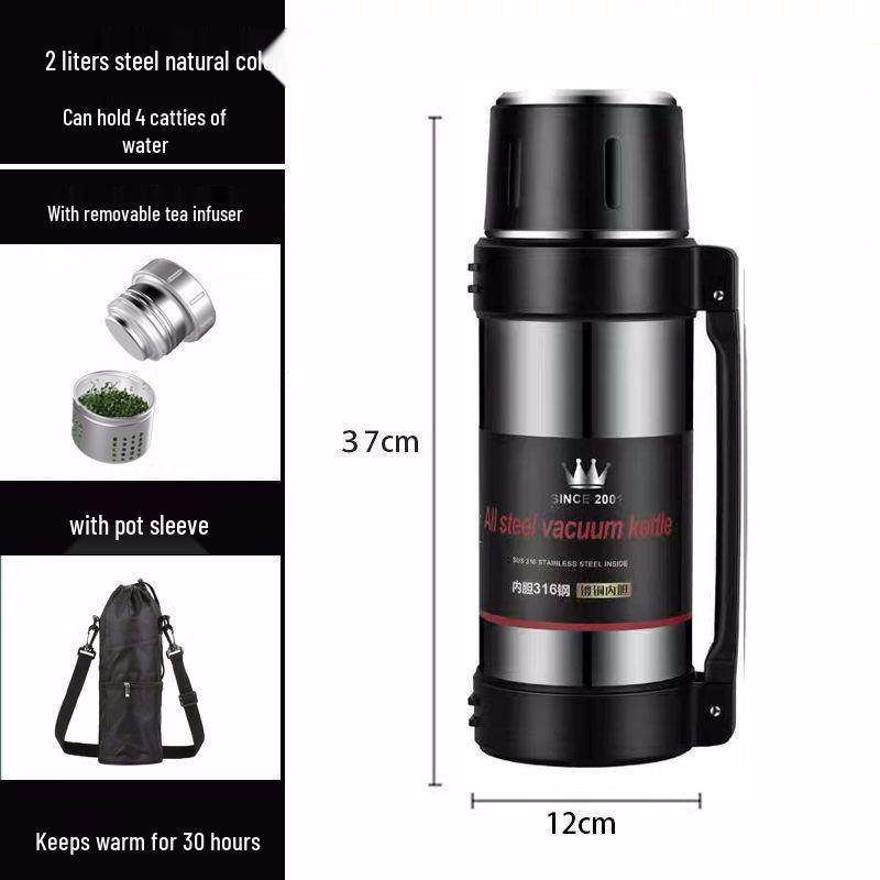 316 Stainless Steel Insulated 2L Travel Thermos - Portable Outdoor Water Bottle