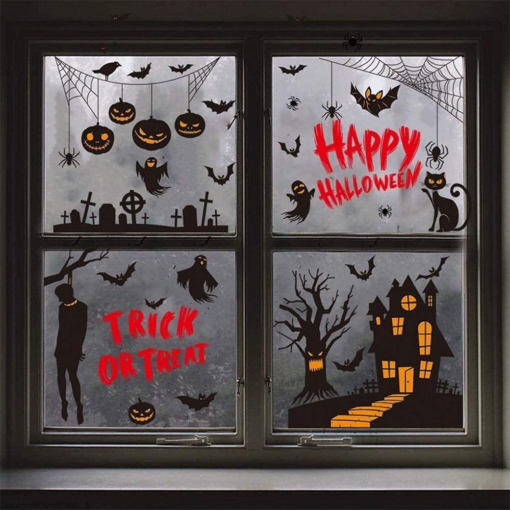 Halloween statisch haftende Fensteraufkleber Set Kürbis Geist Fledermaus Spukhaus Deko Wiederverwendbar Heimparty für Feiertag Glasdeko