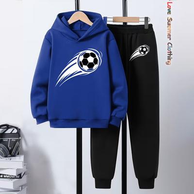 2pcs Boys Football Themed Hoodie Joggers Set Soccer Ball Print Dynamic Action Sportswear Play Winter Outfits for Soccer Training