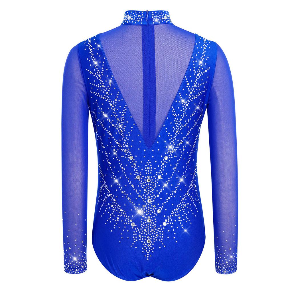 Dívčí trikot s rolákem a dlouhým rukávem, síťované díly, třpytivé kamínky, skrytý zip na zádech, gymnastický body
