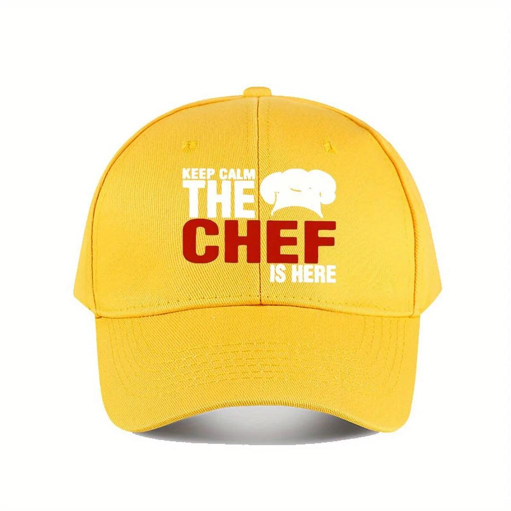 Keep Calm The Chef Is Here Funny Baseball Cap Adjustable Snapback Hat for Unisex Women Navy Blue with White Text
