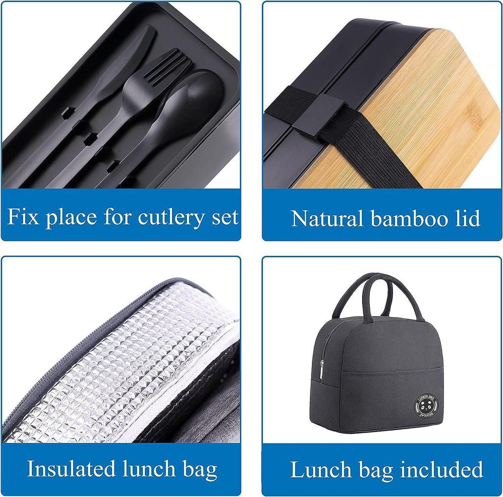 Japanese Bamboo Double-Layer Insulated Lunch Box with Large Capacity and Microwave Safe Plastic Compartments