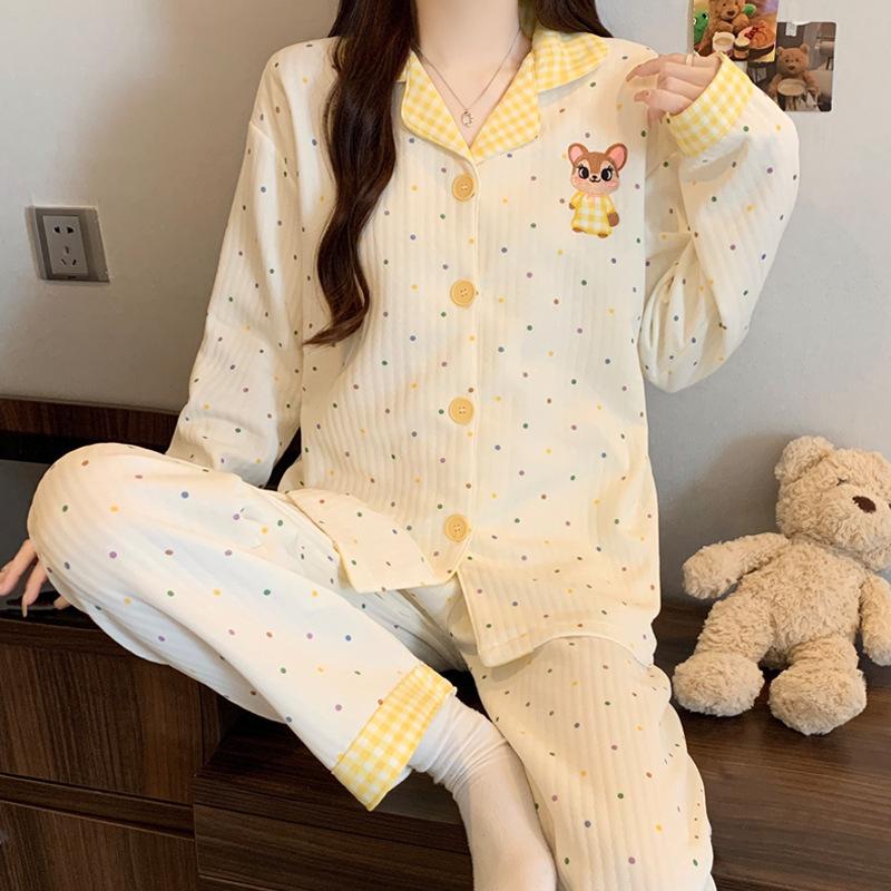 Air cotton pajamas women's autumn and winter long sleeves thickened interlayer warm stars cat student loungewear real shot