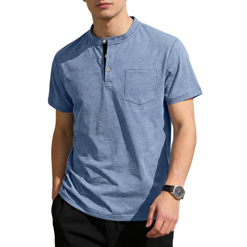 Mens Summer Henley Collar Solid Short Sleeve Loose Polo Shirt S синий