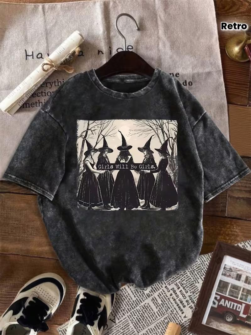 

WomenS Casual Graphic Tee Will Be Witch Design with Broomsticks Stars Black Short Sleeve TShirt Casual Summer Wear S