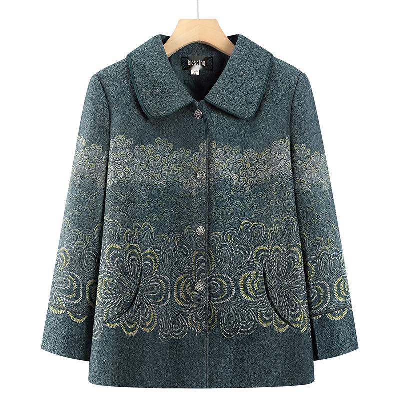 

Grandma s Spring & Autumn Jacket: Elegant Lapel Top for Middle-aged & Elderly Women 2026 5XL (145-155 lbs) павлин голубой
