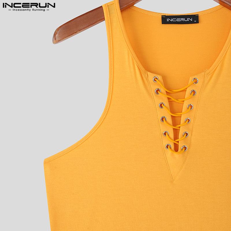 INCERUN Topuri Casual Bărbați Fără Mâneci cu Șireturi, Strâmte, Maiouri